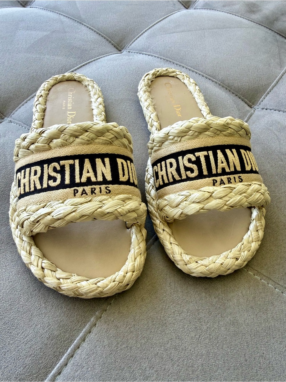Christian Dior Raffia Dway Slide Sandals in Natural & Black